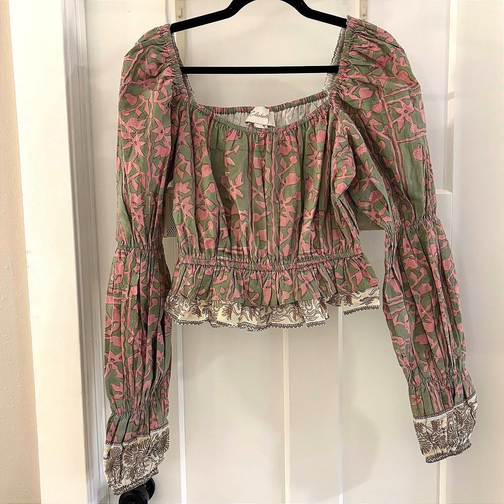 Cleobella S Block Print Green Pink Floral Square Neck Peasant Top Puff Sleeve